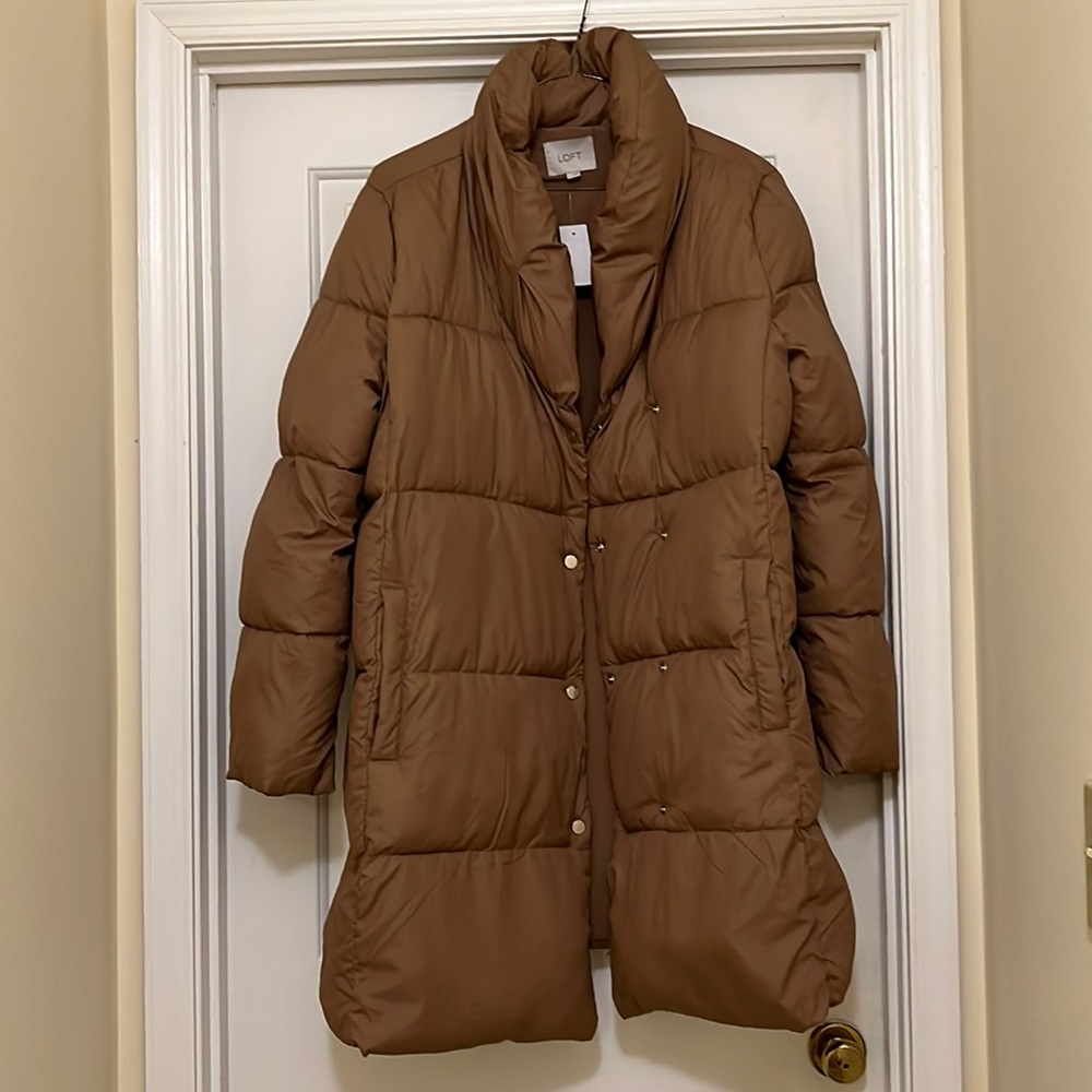 Loft light brown puffy coat. Length 34”, bust 24” across, sleeve 26”